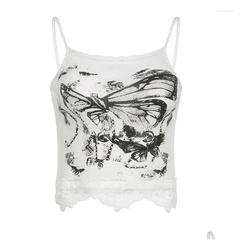 Women`s Tanks IAMTY Y2K 2000s Grunge Butterfly Print Crop Top Cute Lace Patchwork Sleeveless Tops Harajuku Aesthetic Cami Casual Basic