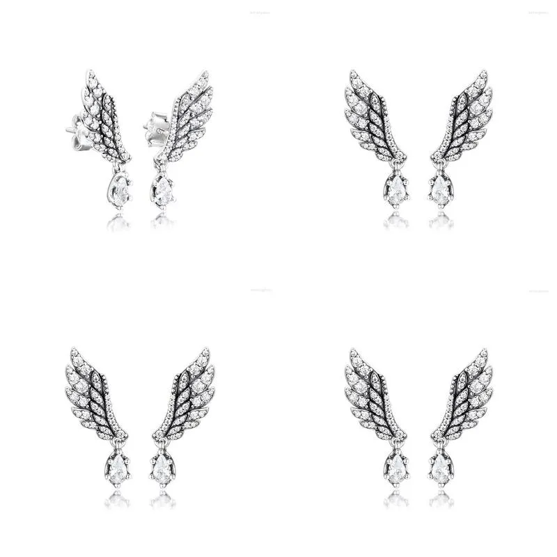 Stud Earrings Authentic 925 Sterling Silver Dangling Angel Wing For Women Clear CZ Earing Original Jewelry Ear Rings Brincos