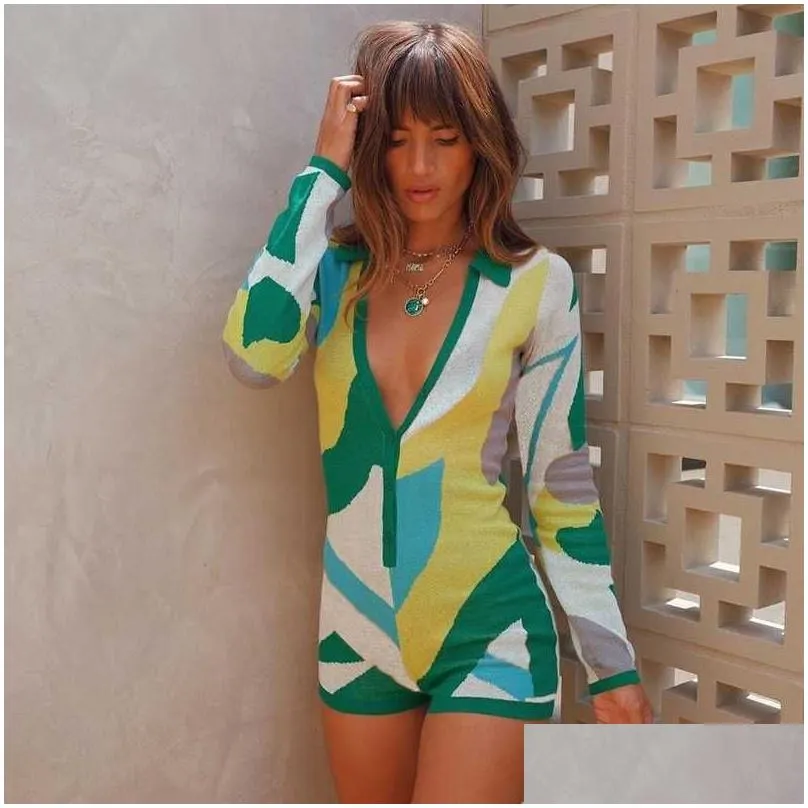 Women Jumpsuits Designer Knitted Blocking Graffiti Bodysuit Slim Fit Vneck Single Breasted Long Sleeved Rompers Sports One Piece