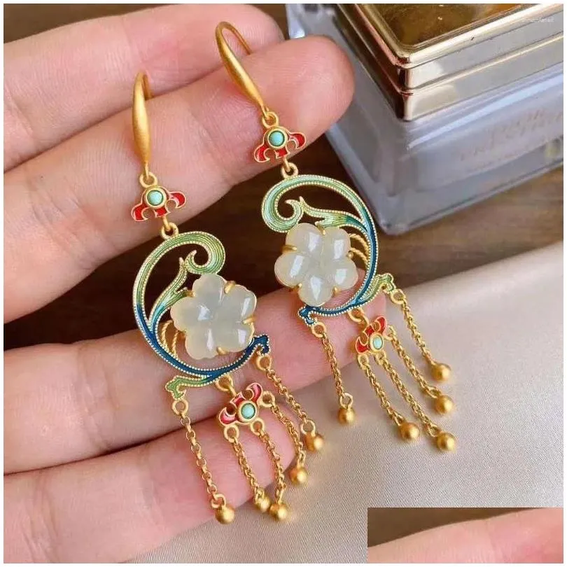 Dangle Earrings Vintage Cloisonne Long Sterling Silver Gold-Plated Inlaid Hetian Jade Small Flower Gas Female Tassel Chinese