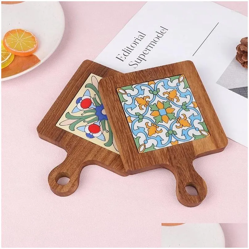 Table Mats 1Pc Fashion Retro Solid Wood Tile Insulated Pot Home Placemats High Temperature Resistant Kitchen Coasters