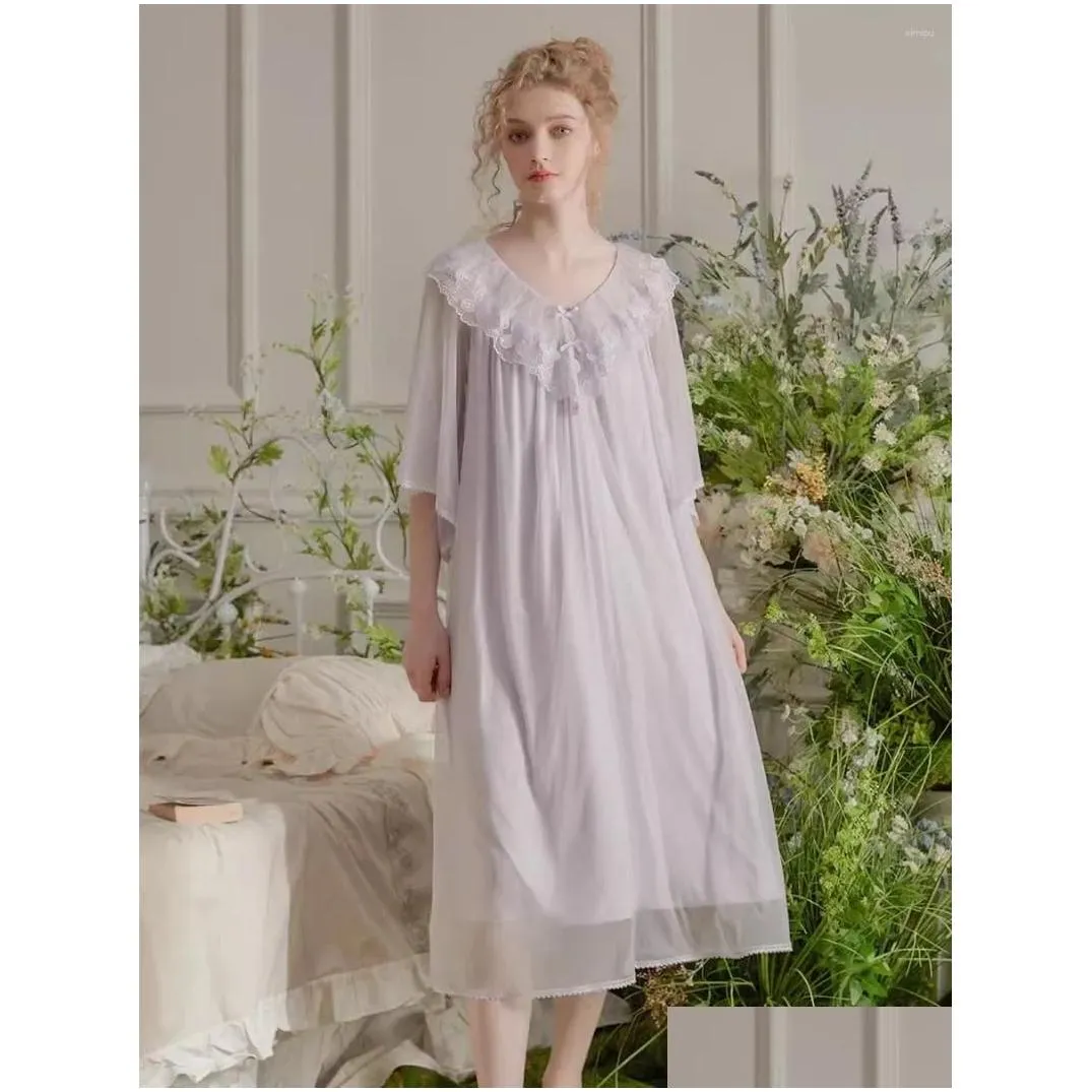 Women`s Sleepwear Vintage Modal Gauze Princess Long Nightgowns ForWomen Deliacate Embroidery Loose Royal Spring Summer Sweet Dress