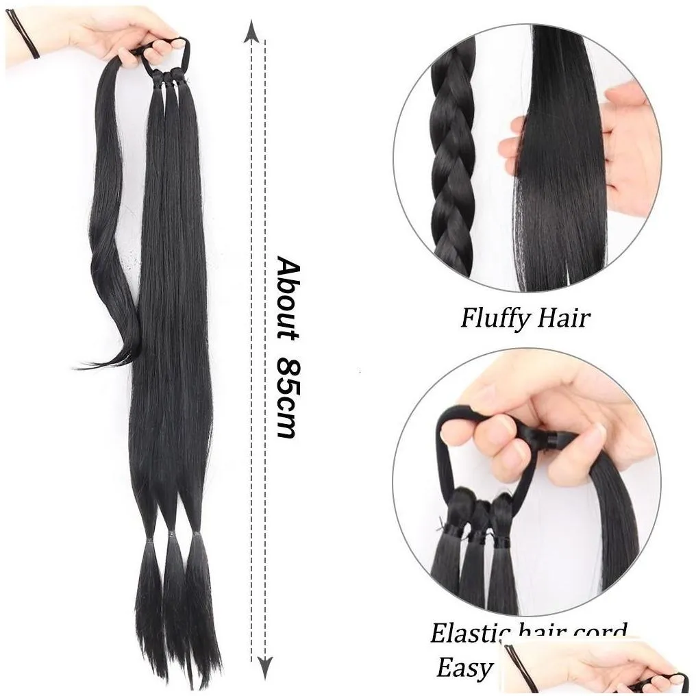 Ponytails Long Straight Braided Ponytail Wrap Around Hair Extensions Diy 85Cm Natural Black Blonde Braid Synthetic Hairpieces For Wome