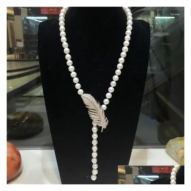Chains Beautiful 8-9mm White Freshwater Pearl Micro Inlay Zircon Leaves Buckle Accessories Necklace Long 90cm