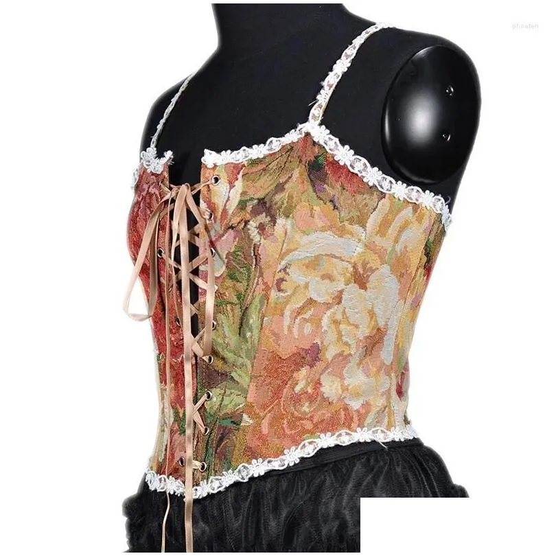 Women`s Tanks Spanish Autumn And Winter Clothing French Retro Oil Painting Jacquard Embroidered Strap Vest Fishbone Corset Flounce Tri