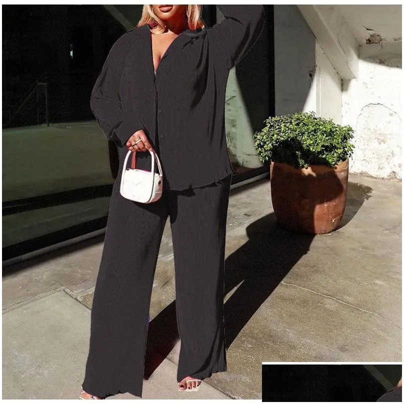 Womens Two Piece Pants Casual Shirts And Long Pant Set Women Outfits Office Sleeve Tops Lady Trousers Loose Suit Clothing 22143 Drop Dhjie