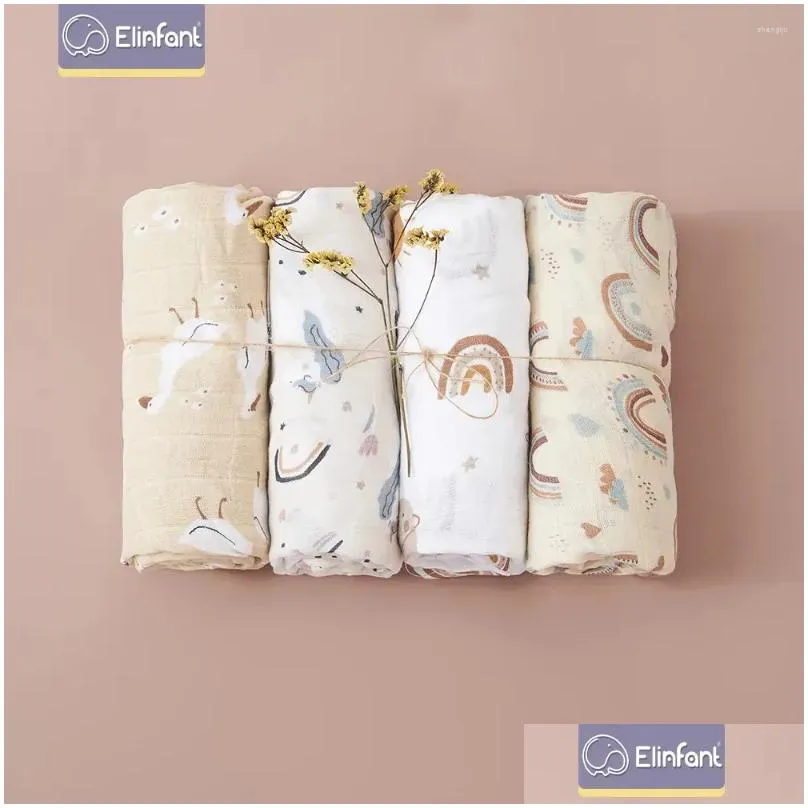 Blankets Elinfant Solid Print Color Cotton 4PCS Gift Set Muslin Swaddle 120 110cm Born Baby Bath Towel Wrap