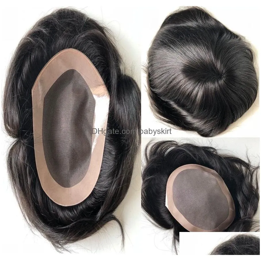Men Toupee Fashion Lace Base with Thin Skin 1B Indian Straight Hair 6inch Short Men Toupees Fast Express Delivery3956693