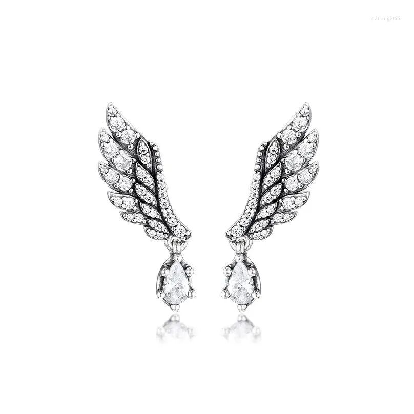 Stud Earrings Authentic 925 Sterling Silver Dangling Angel Wing For Women Clear CZ Earing Original Jewelry Ear Rings Brincos