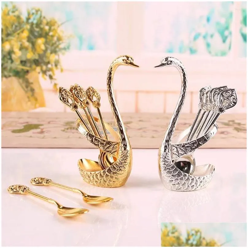 Dinnerware Sets Stainless Steel Creative Set Decorative Swan Base Holder With 6 Spoons For Coffee Fruit Dessert Stirring Mixing