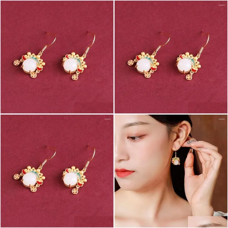 Stud Earrings Spring And Summer National Fashion Earring Accessories Ancient Gold-Plated Jade Chinese Style Drama Dao Ma Dan Face