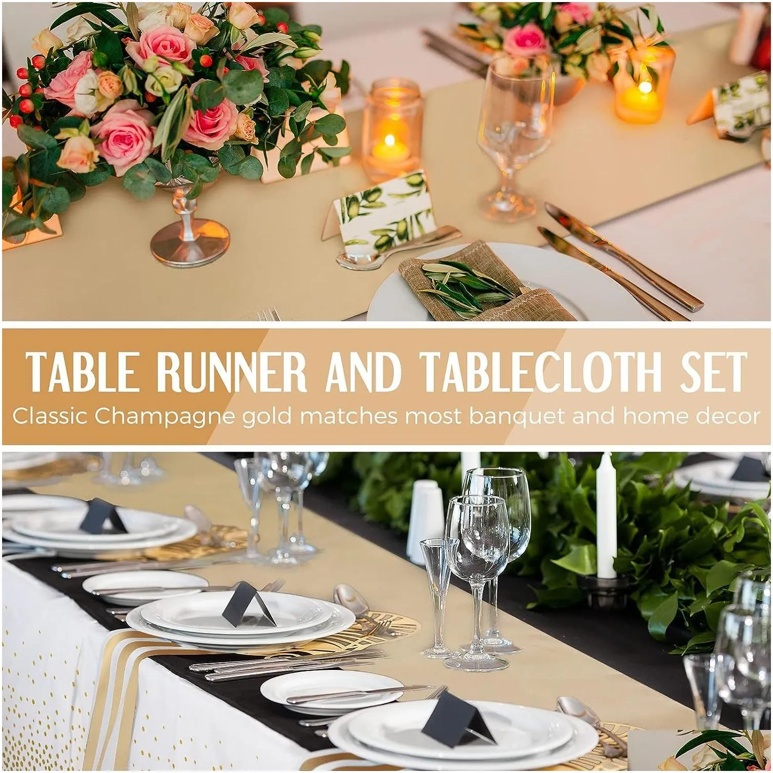 8 Pack Disposable Plastic Tablecloths and Satin Table Runner, 54 x 108 Inch Tablecloth, 12 x 108 Inch Table Runners for Wedding Graduation Birthday Baby Shower