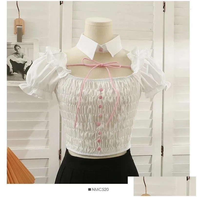 Women`s Blouses Sexy Pleated Bow Lace-up Short Sleeve Slim Blouse Elegant French Fashion Off Crop Top Shirt Summer Women Clothing
