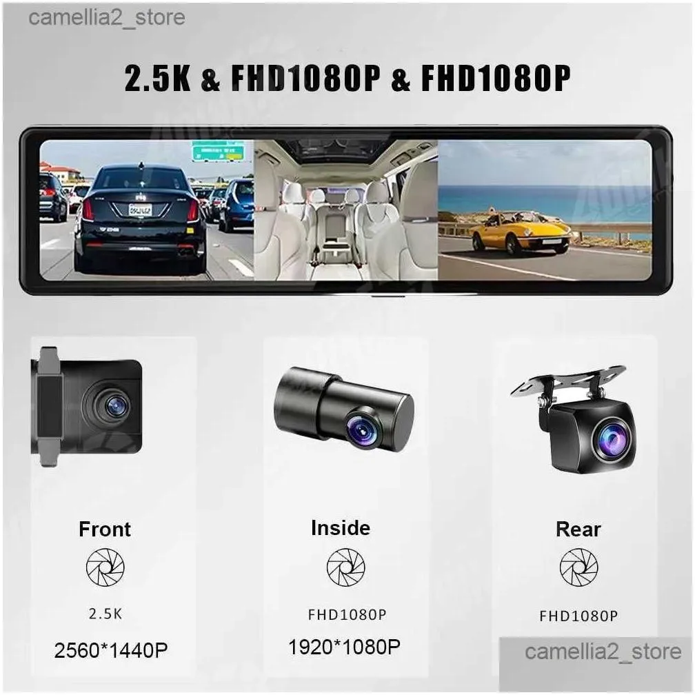 car dvr ADINKAM 12 Inch 3 CHS 2.5K Dashcam  Carplay Android Auto Support AUX Portable Rearview Mirror Camera Built in WIFI