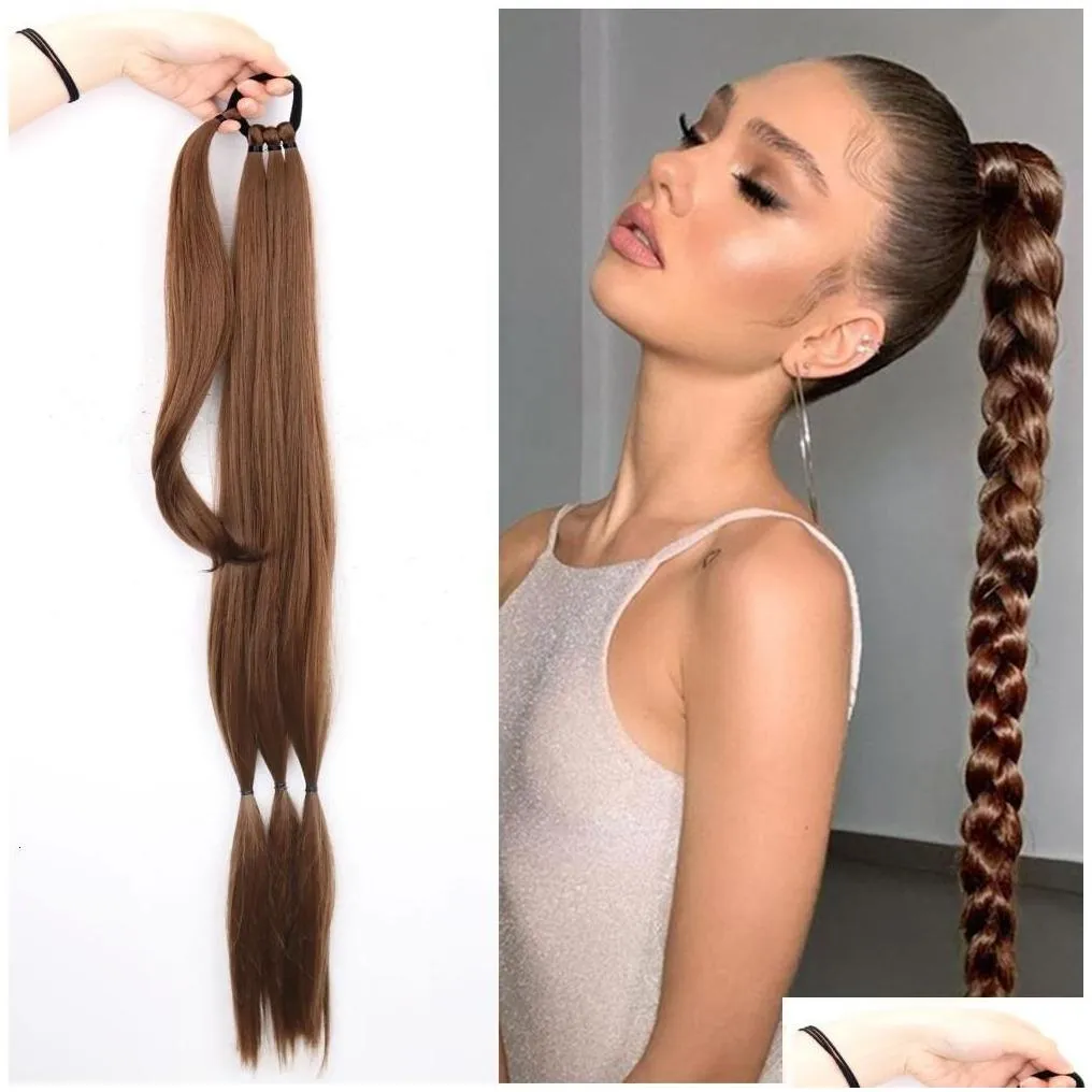 Ponytails Long Straight Braided Ponytail Wrap Around Hair Extensions Diy 85Cm Natural Black Blonde Braid Synthetic Hairpieces For Wome