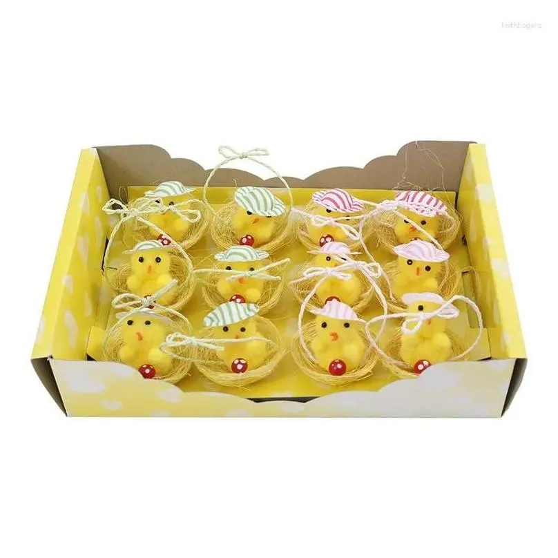 Party Decoration 12/24pcs Cute Plush Chicken Simulation Easter With Hat Flower Mini Animal Toy Children`s Home