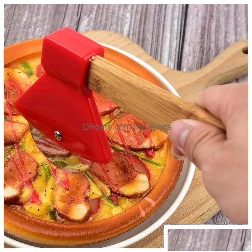 fruit vegetable tools axe bamboo handle pizza cutter rotating blade home kitchen cutting tool inventory wholesale drop deliv delivery