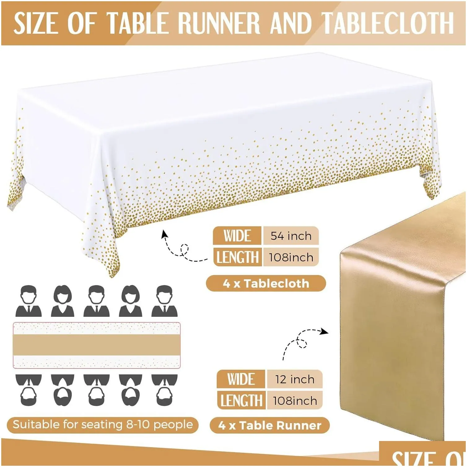 8 Pack Disposable Plastic Tablecloths and Satin Table Runner, 54 x 108 Inch Tablecloth, 12 x 108 Inch Table Runners for Wedding Graduation Birthday Baby Shower