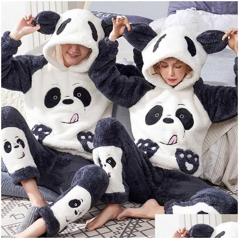 Unisex adult couple pajamas men winter velvet sleepwear 2 pieces warm flannel pajamas set animal cartoon cute home clothes5744398