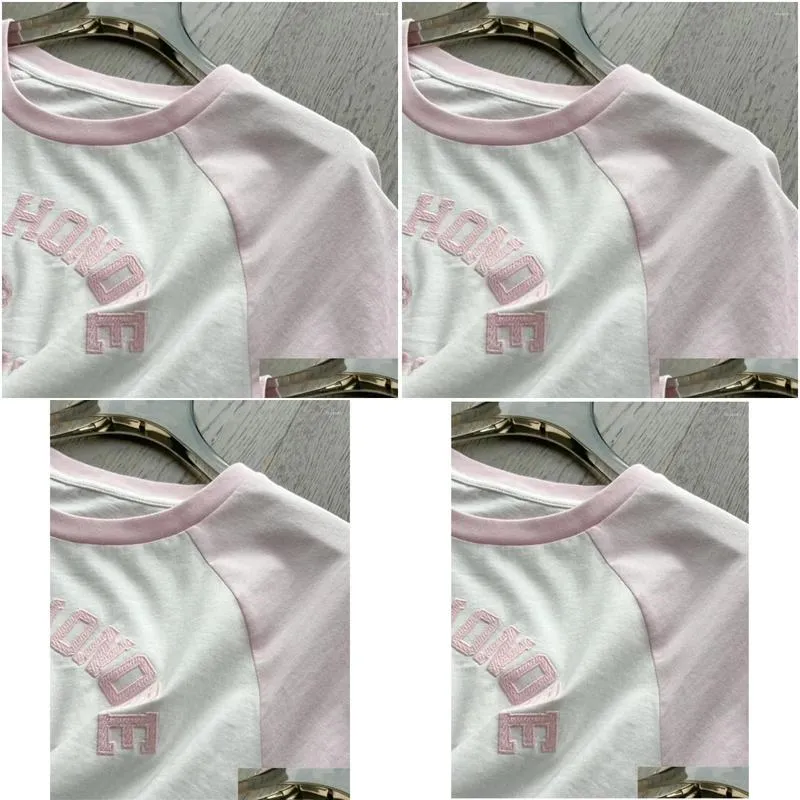 Women`s T Shirts Light Pink Letters Embroidery Women T-Shirt 2024 Spring/summer O-Neck Short Sleeve Sweet Contrast Tee Tops