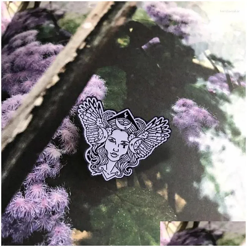 Brooches Wing Head Crescent Dark Moon Lilith Mistress Of The Night Enamel Pin Occult Witchy Black White Paper-cut Art Tattoo Style