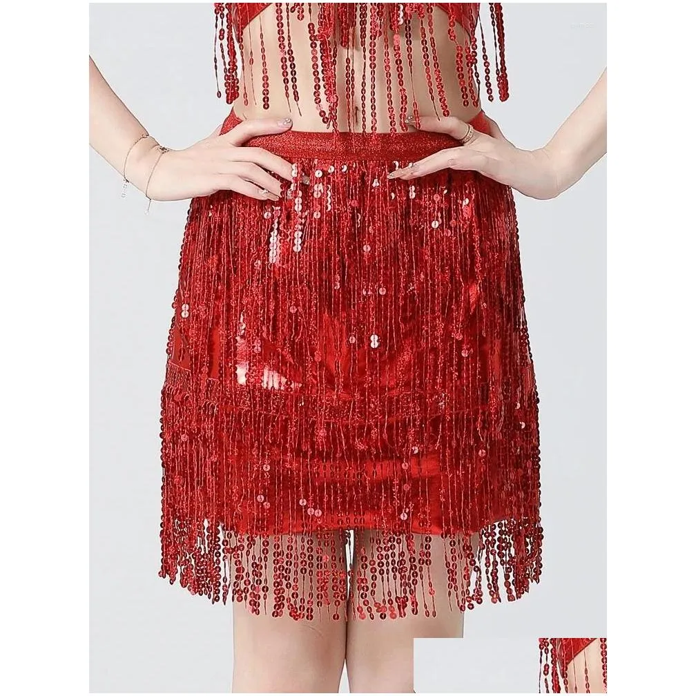 Skirts Women Sexy Belly Skirt Sequin Fringe Mini Shiny Dance Performance Rave Party Elastic Waist 3 Layers Bodycon