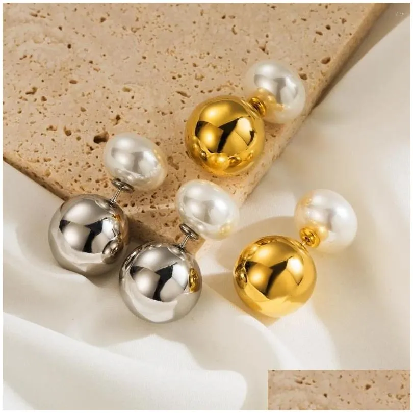 Stud Earrings Trendy Gold Plated Stainless Steel Double Sided Pearl Ball For Women Girls Gifts Jewelry Travel Accessories