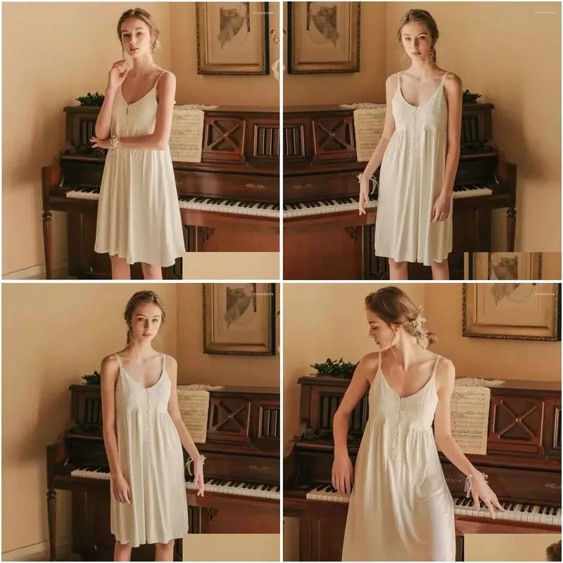 Women`s Sleepwear With Chest Pads Elegant Nightgown Women Summer Thin Pajamas Sexy Sling Cotton Casual Comfortable Homewear Dresses