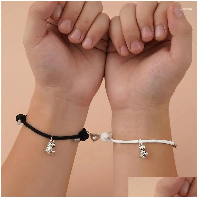 Charm Bracelets 2pcs Magnetic Stainless Steel Dinosaur Pendant Heart Couple Lover Friend Men Women Braid Rope Bangle