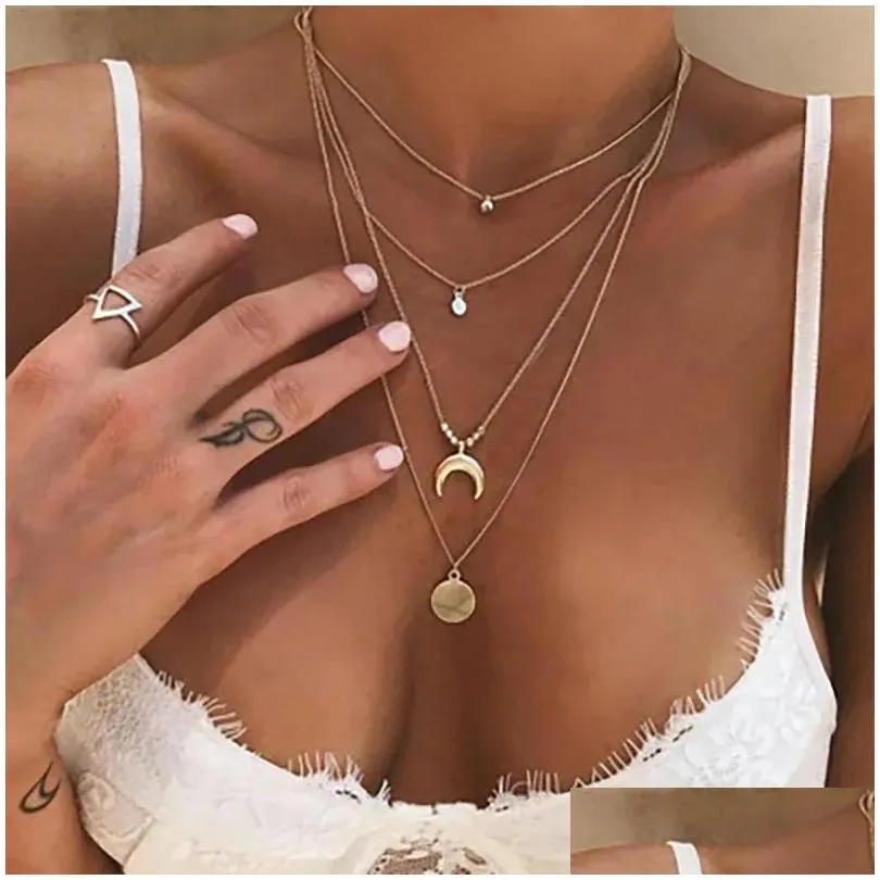 Pendant Necklaces 2024 Fashion Gold Color Necklace For Women Multilayer Long Moon Tassel Chain & Pendants Chokers Jewelry Wholesale