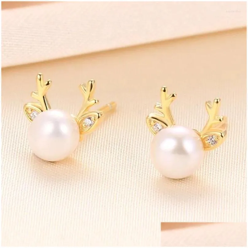 Stud Earrings 2024Natural Freshwater Pearls Sweet And Fashionable Elk Antler Cute Antlers Simple Personalized Women`s Earstuds