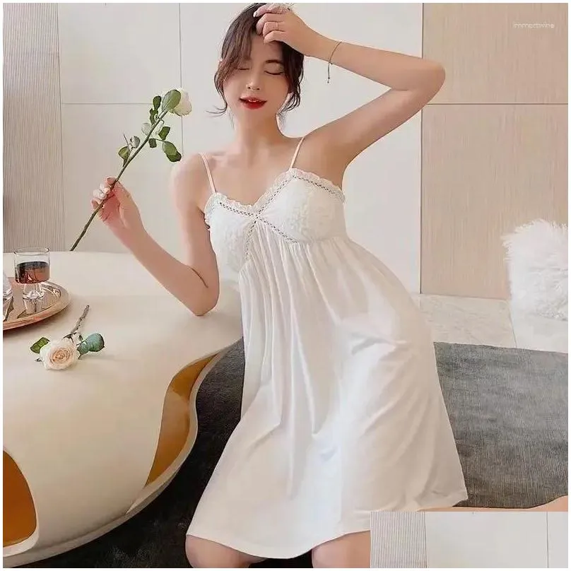 Women`s Sleepwear Sling Nightgown Dress Women Beauty Back Sense Lace Elegant Loose Pajamas With Chest Pads Modal Cotton White Homewear