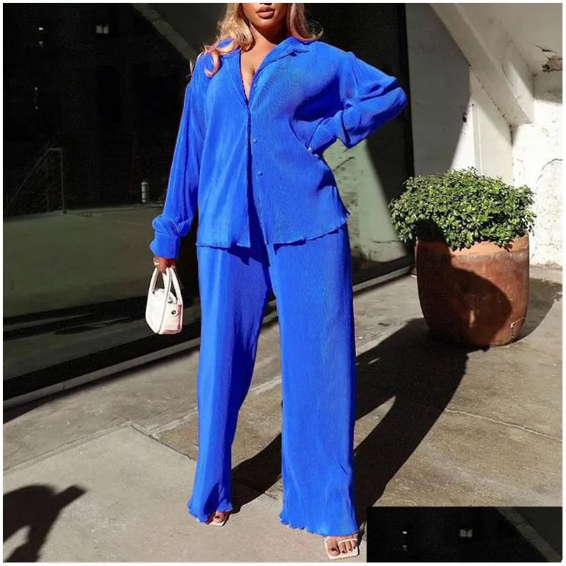 Womens Two Piece Pants Casual Shirts And Long Pant Set Women Outfits Office Sleeve Tops Lady Trousers Loose Suit Clothing 22143 Drop Dhjie
