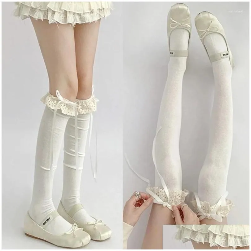 Women Socks Ballet Bow Bandage Over Knee Stockings Lace Frilly Thigh High Student Girls Tube For Womens