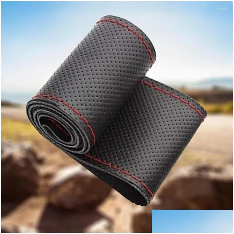 Steering Wheel Covers Black Drive Truck PU Leather With Needles And Thread Fit 38cm Car Cover Protector (Black Red Thread)