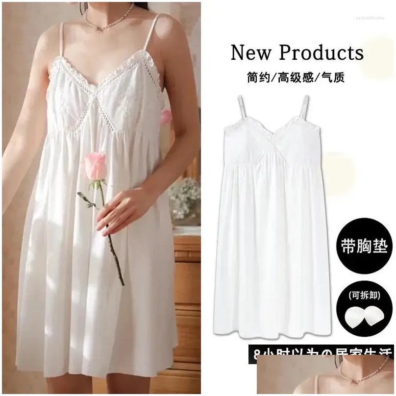 Women`s Sleepwear Sling Nightgown Dress Women Beauty Back Sense Lace Elegant Loose Pajamas With Chest Pads Modal Cotton White Homewear
