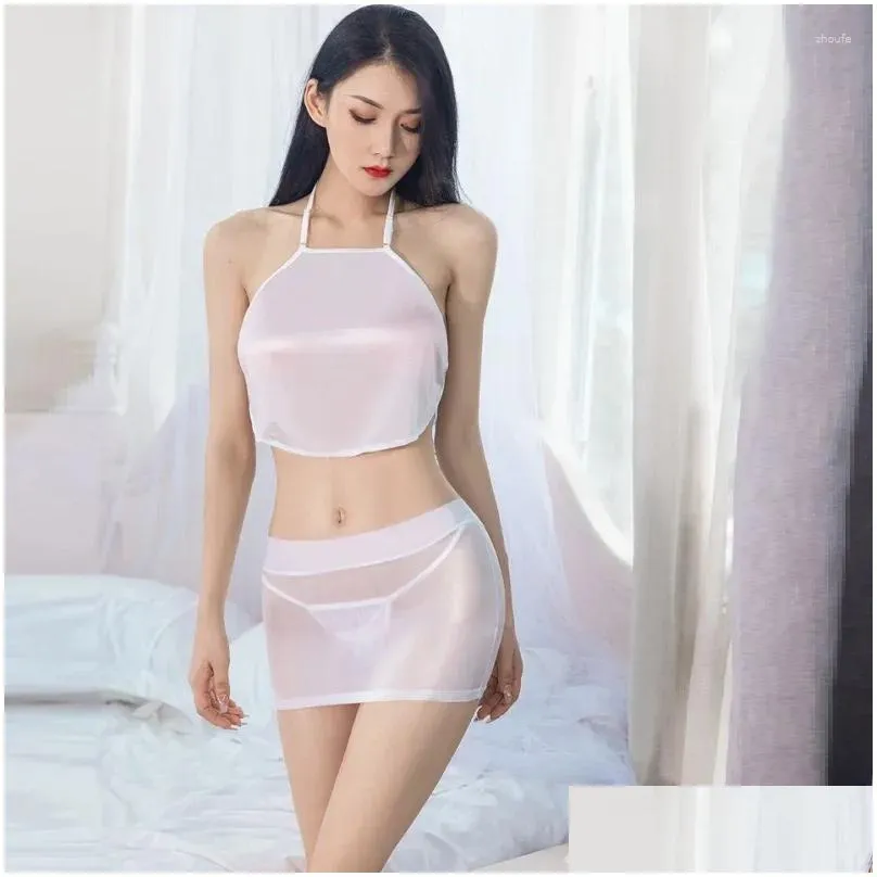 Work Dresses Sexy Sheer Belly Pocket Mini Skirt Set Backless Transparent Halter Tank Top Low Rise Elastic Sweet Girl Erotic Lingerie