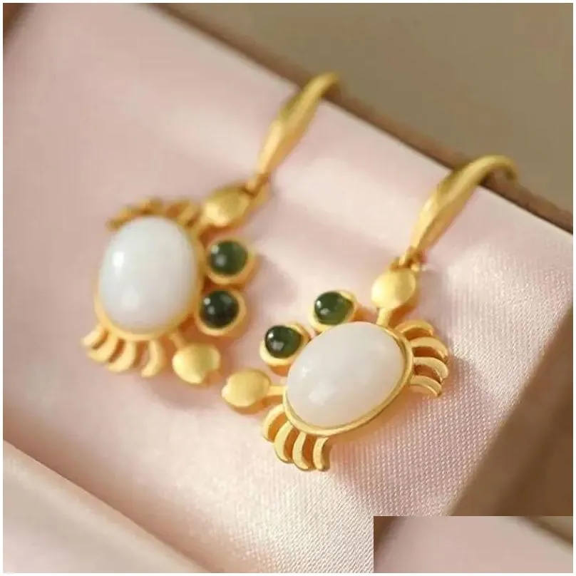 Dangle Earrings S925 Sterling Silver Natural Hetian White Jade Cute Little Crab Ear Stud Earring Elegant And Ethnic Style Lucky Retro