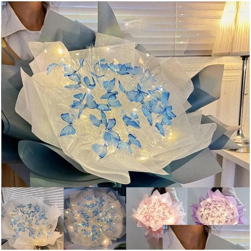 Decorative Flowers DIY Butterfly Bouquets Handmade Flower Material Package Bouquet With Light String Wedding Decor Exquisite Gift For