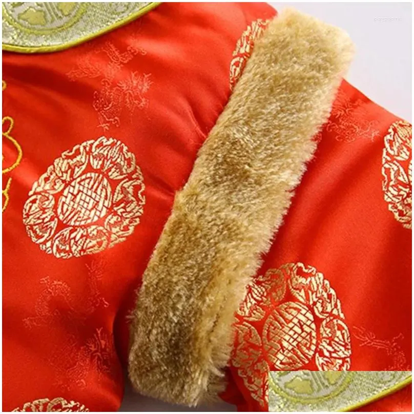 Ethnic Clothing Winter Children`s Hanfu Cotton Fur Collar Tang Suit Thick Girl Baby Boys Chinese Style Year Jacket Pants Hat Clothes