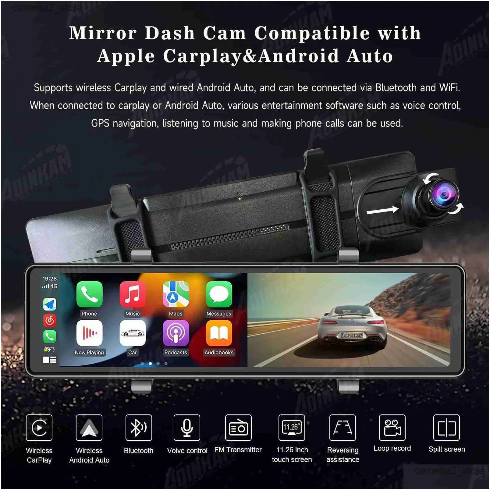 car dvr ADINKAM 12 Inch 3 CHS 2.5K Dashcam  Carplay Android Auto Support AUX Portable Rearview Mirror Camera Built in WIFI