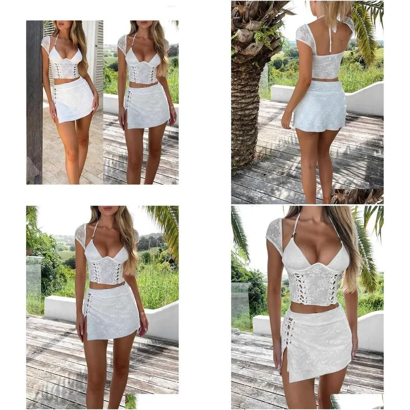 Women`s T Shirts Women Summer Skirts Outfits Lace Tie-Up Halter Neck Cap Sleeve Backless Tops Mini 2 Pieces Clothes Set
