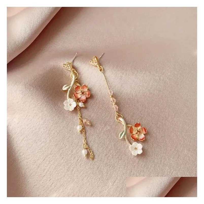 Peach Blossom Earrings S925 Silver Needle Asymmetrical Tassels Ancient Style Girl Heart Sakura Branch Flower Earrings