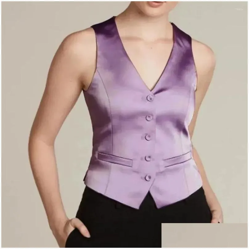 Women`s Suits Fashion Vests Women In Coats Satin Sleeveless Single-breasted Jacket V-neck Vest Top Classic Jackets