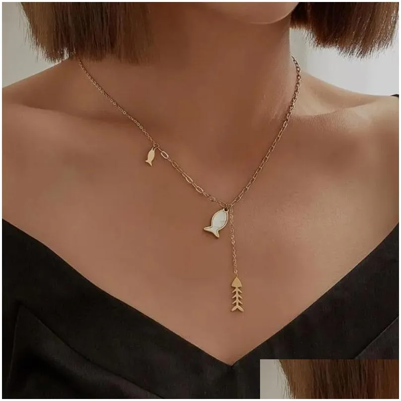 Chains 316L Stainless Steel Embed Opal Fish Bone Charms Chain Choker Necklace For Women Fashion Fine Jewelry Party Gift SAN467