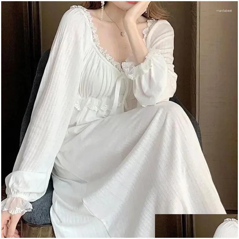 Women`s Sleepwear Nightgown Piece White Elegant Ruffles Dress Style Night Pajamas Home Korean Womens One Wear Autumn Lace Long Sleeve