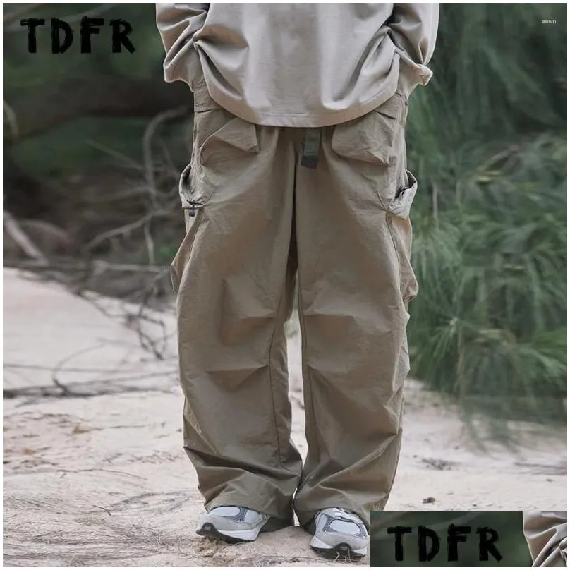 Men`s Pants Multi-Pocket Cargo Mens Solid Color Safari Style Loose Casual Wide Leg Elastic Waist Trousers Men