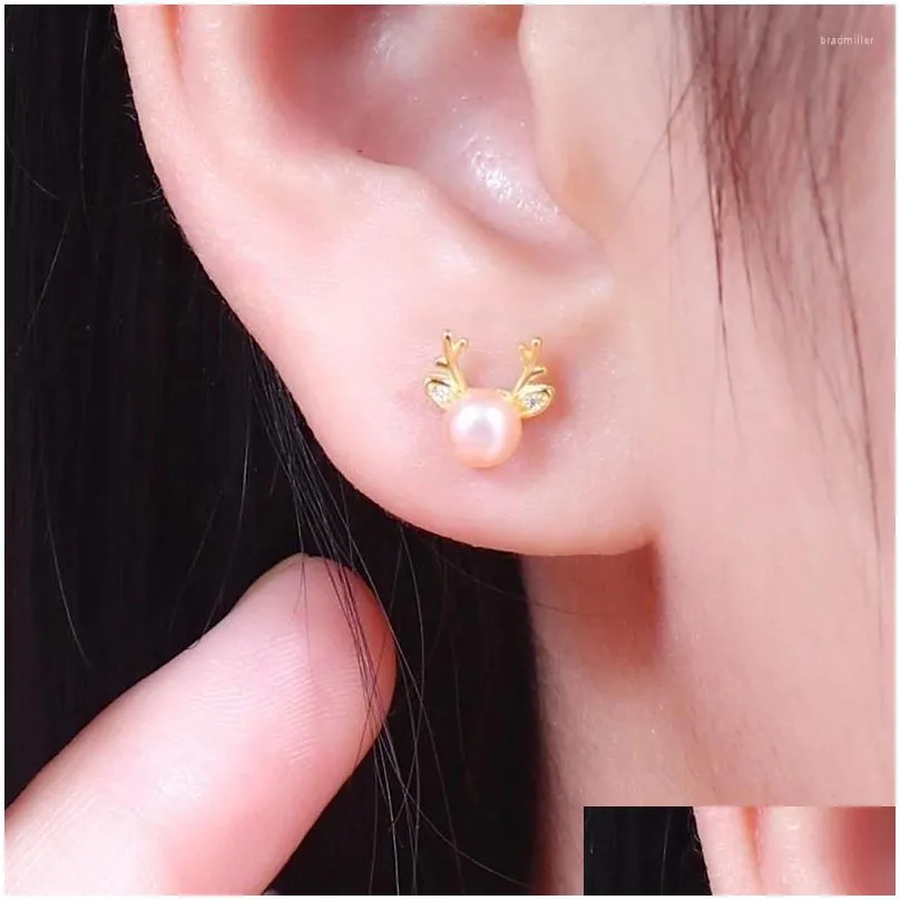 Stud Earrings 2024Natural Freshwater Pearls Sweet And Fashionable Elk Antler Cute Antlers Simple Personalized Women`s Earstuds