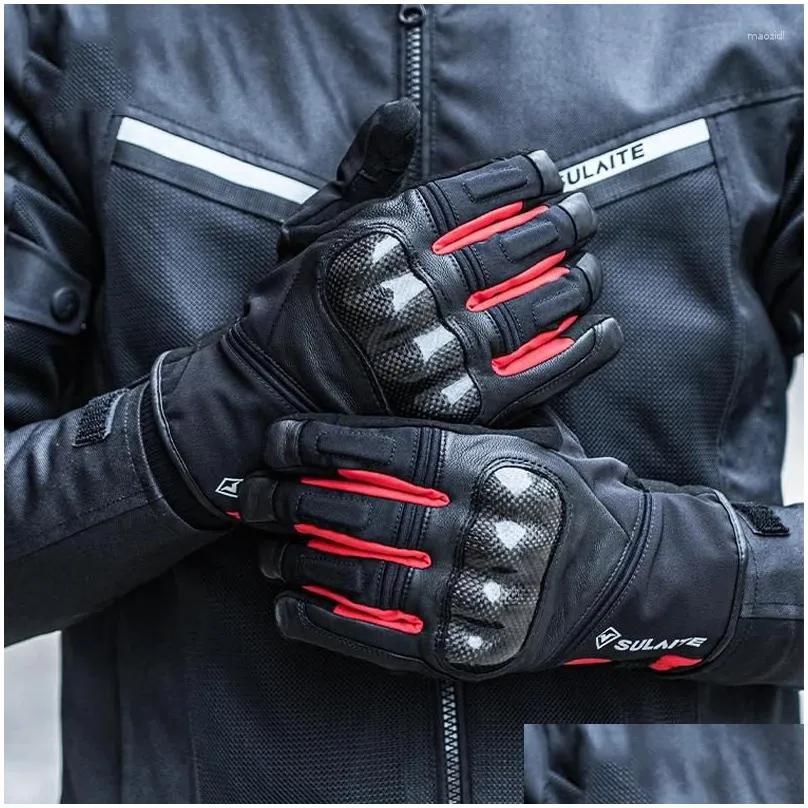 Cycling Gloves Genuine Leather Motorbike Road Racing Team Glove Men Winter Cotton Warm Touch Screen