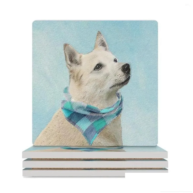 Table Mats Norwegian Buhund Painting - Cute Original Dog Art Ceramic Coasters (Square) Drinks Mat For Dishes